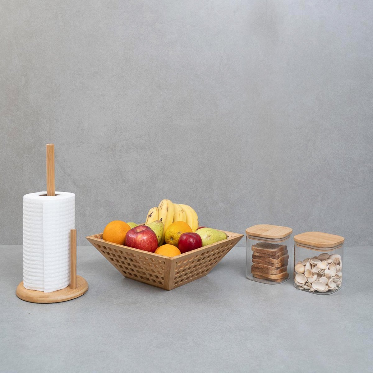 Kit com 2 potes de vidro com tampa de bambu 800ml, fruteira vazada de bambu e porta papel toalha de - 6