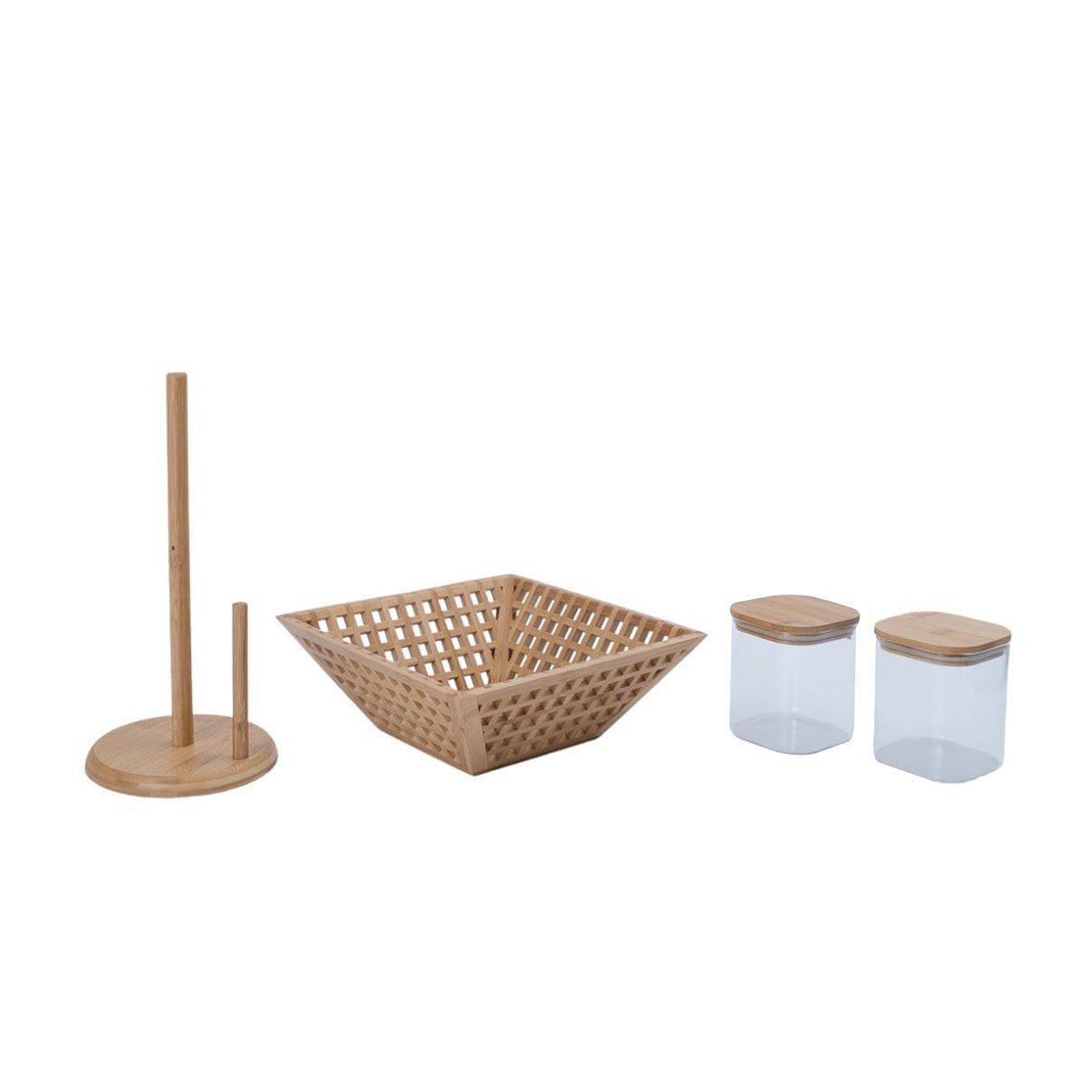 Kit com 2 potes de vidro com tampa de bambu 800ml, fruteira vazada de bambu e porta papel toalha de - 1