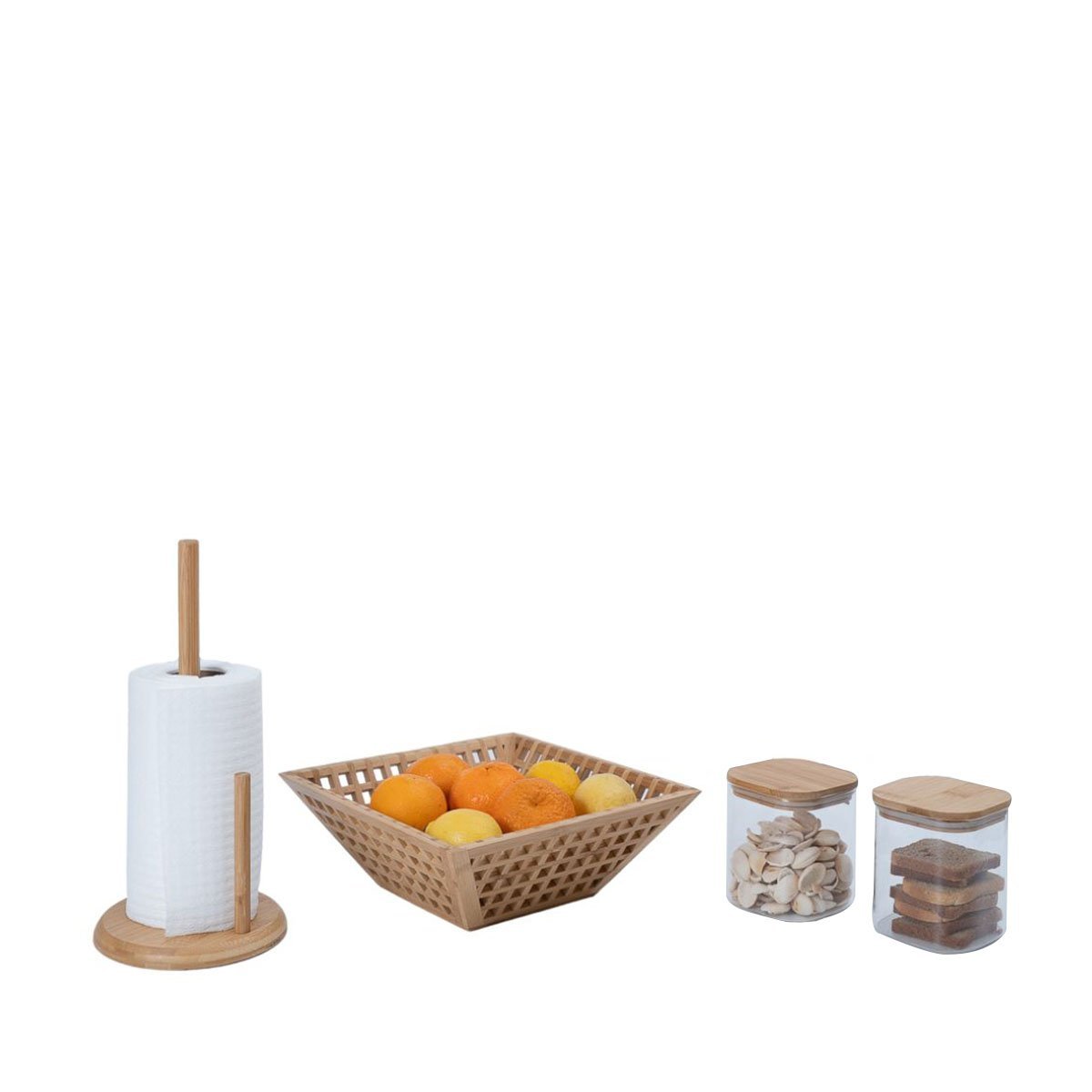 Kit com 2 potes de vidro com tampa de bambu 800ml, fruteira vazada de bambu e porta papel toalha de - 7
