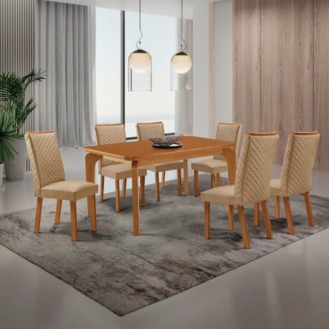 Mesa de Jantar Liz 180cm Tampo MDF Canto Copo Laminado com 6 Cadeiras Lira