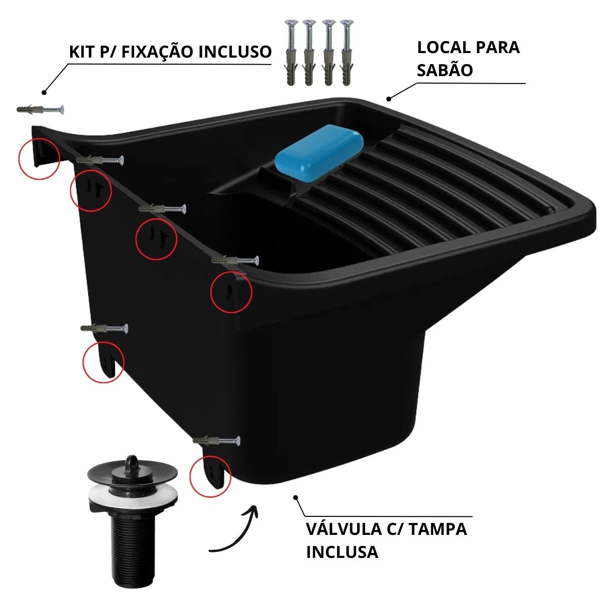 Tanque de Plástico 40l para Lavanderia Preto + Sifão Copo Universal Sanfonado + Fita Veda Rosca + To - 6