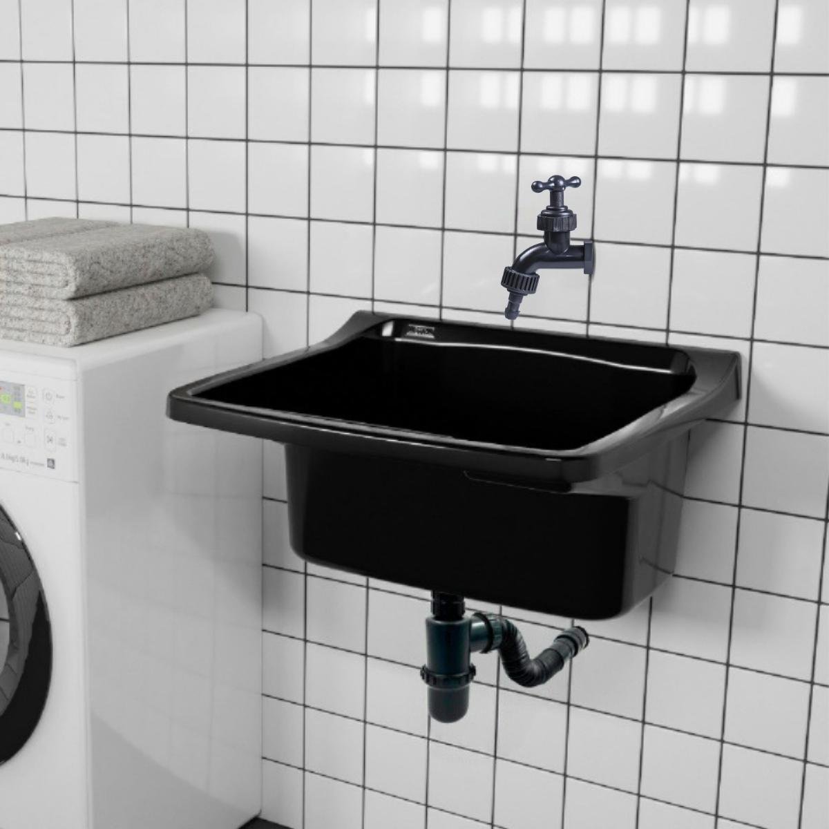 Tanque de Plástico 40l para Lavanderia Preto + Sifão Copo Universal Sanfonado + Fita Veda Rosca + To - 11