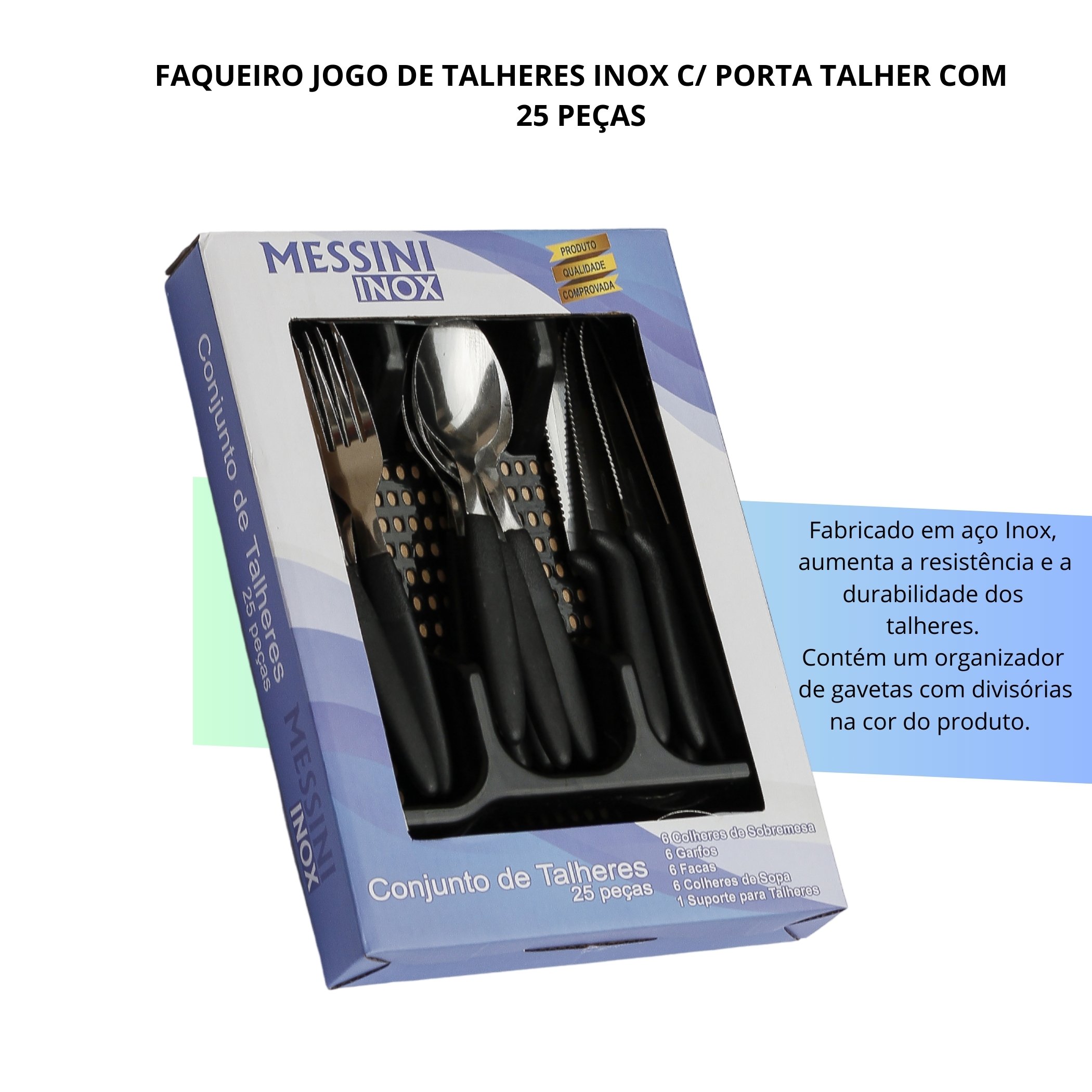 Faqueiro Inox Jogo de Talheres C/ Porta Talher com 25 Peças Preto - 5