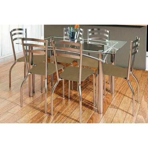 Sala de Jantar Completa Elba c/ Tampo de Vidro 150cm e 6 Cadeiras Portugal Cromada - Corano