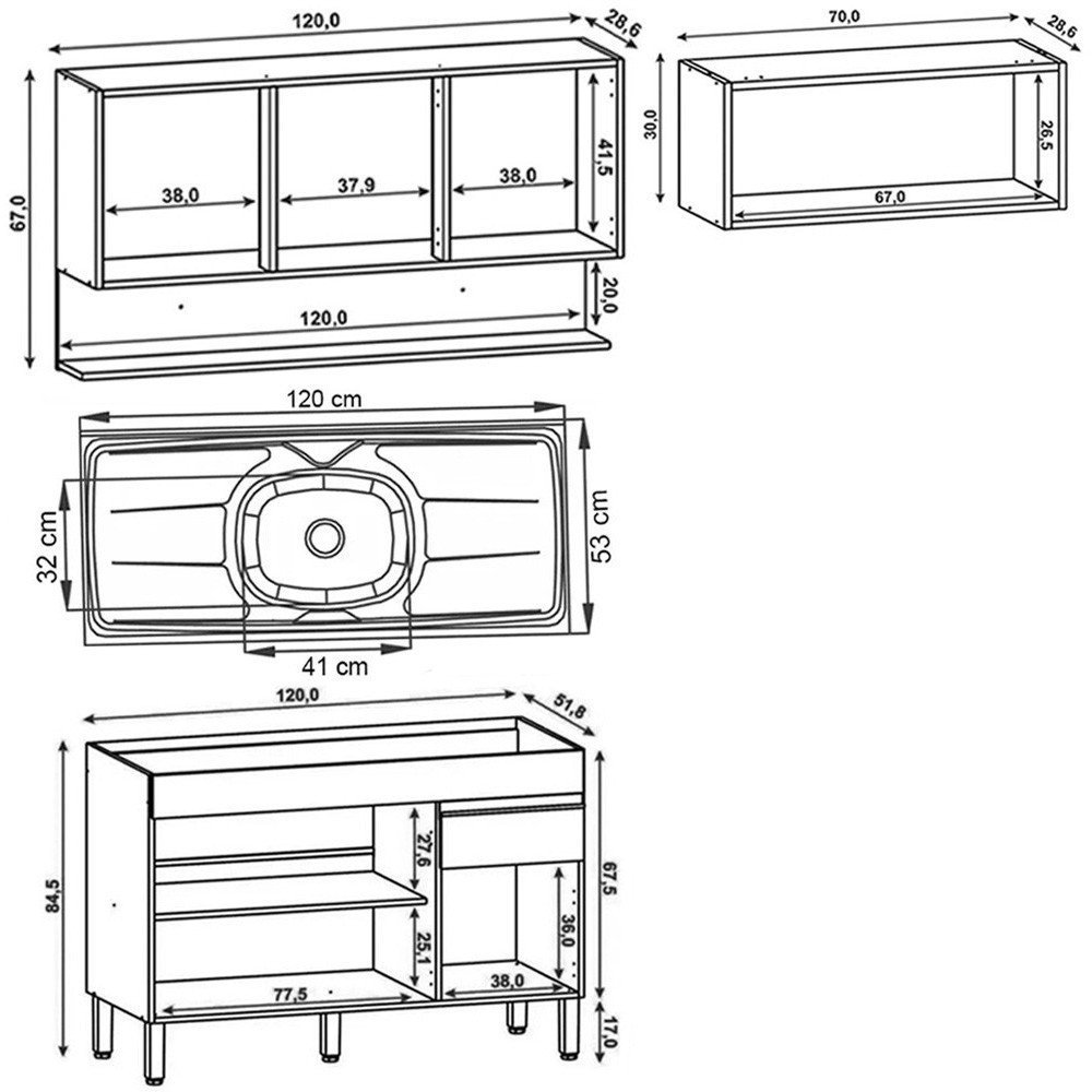 Armário de Cozinha 4 Peças Balcão com Pia 120cm Lina08 K02 Gris/Freijó - Mpozenato - 4