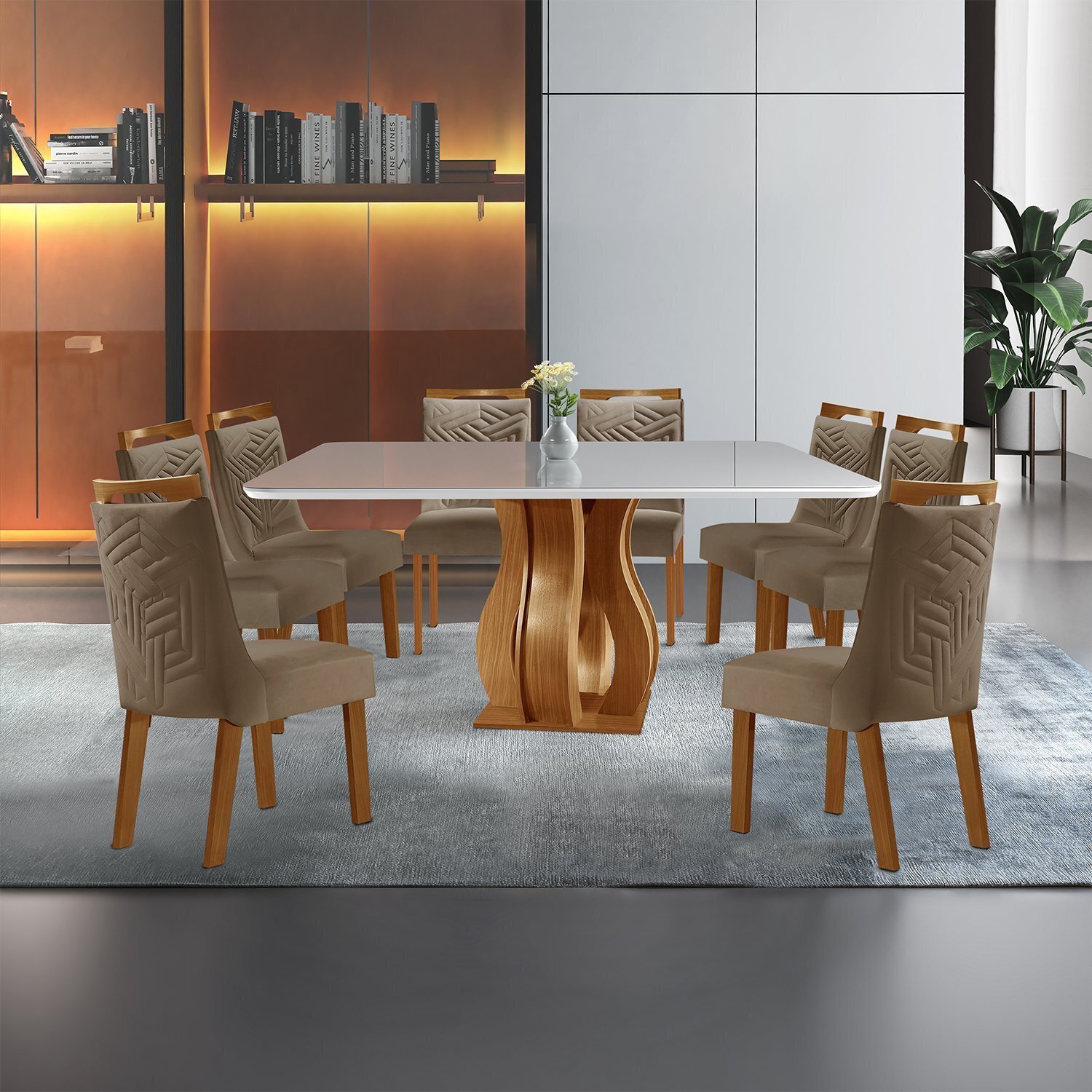 Conjunto Sala de Jantar Mesa Nuance Tampo Vidro/mdp com 8 Cadeiras Kioto Yescasa