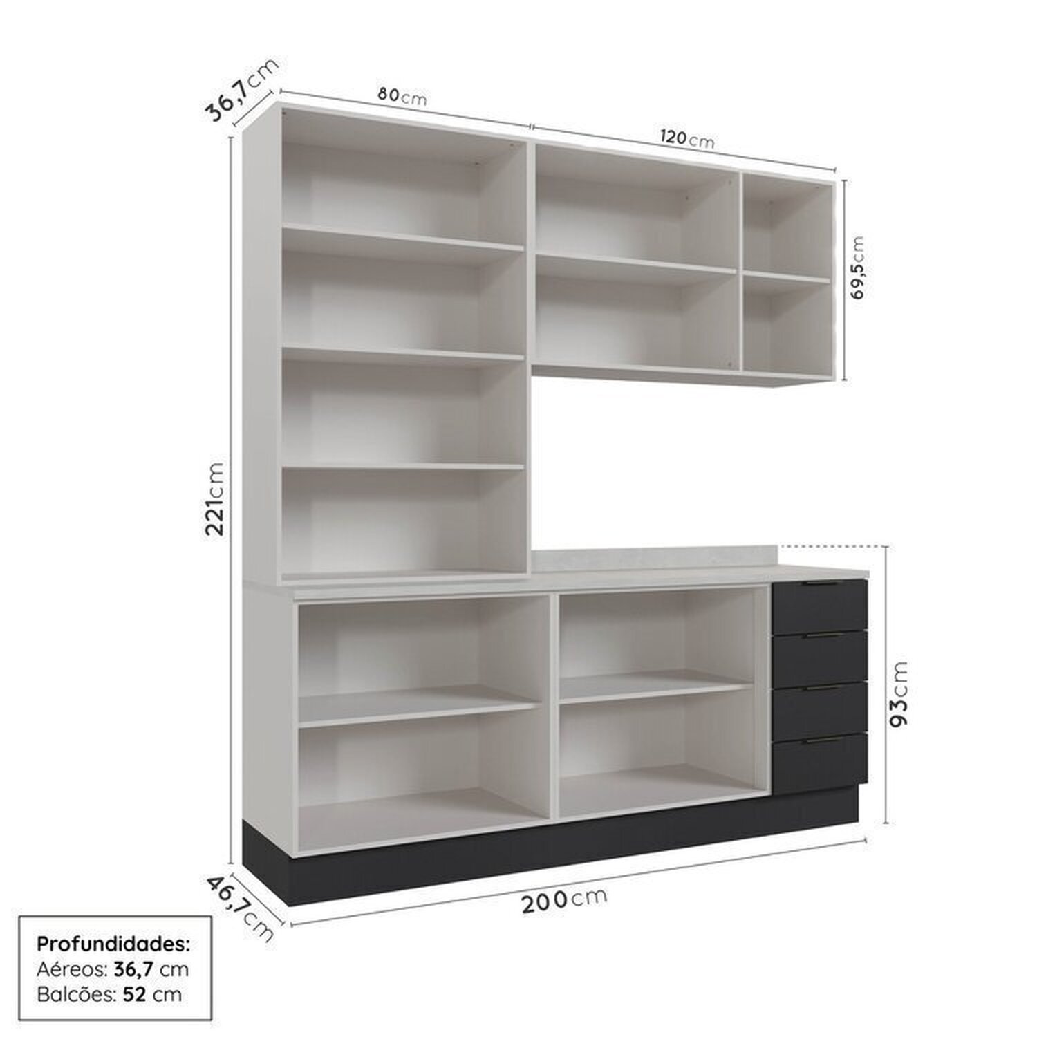 Cozinha Modulada 4 Peças com Tampo com Rodapé 2 Aéreos e 2 Balcões Ipanema CabeCasa MadeiraMadeira - 4