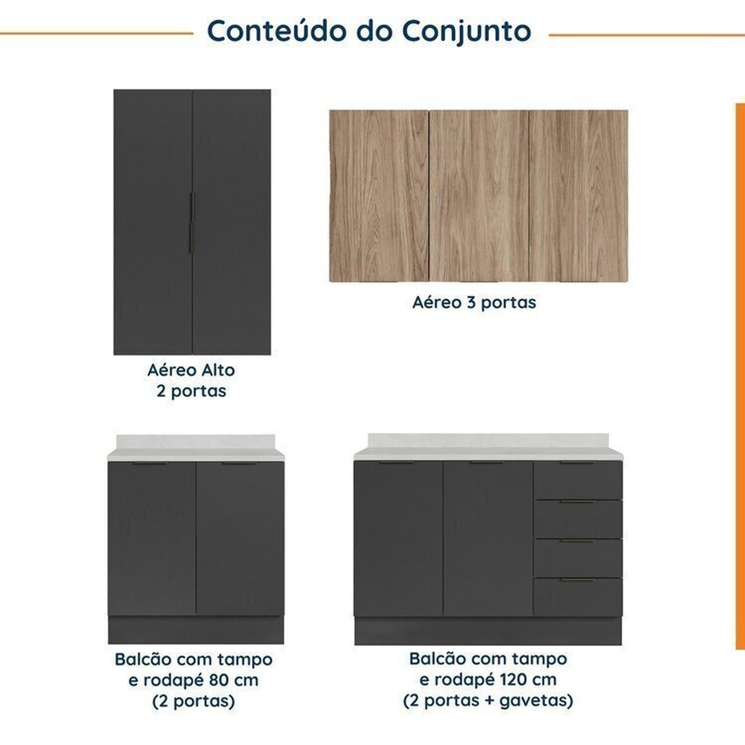 Cozinha Modulada 4 Peças com Tampo com Rodapé 2 Aéreos e 2 Balcões Ipanema CabeCasa MadeiraMadeira - 3