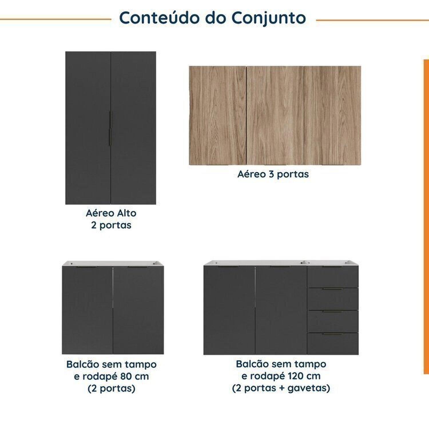 Cozinha Modulada 4 Peças sem Tampo sem Rodapé 2 Aéreos e 2 Balcões Ipanema CabeCasa MadeiraMadeira - 3