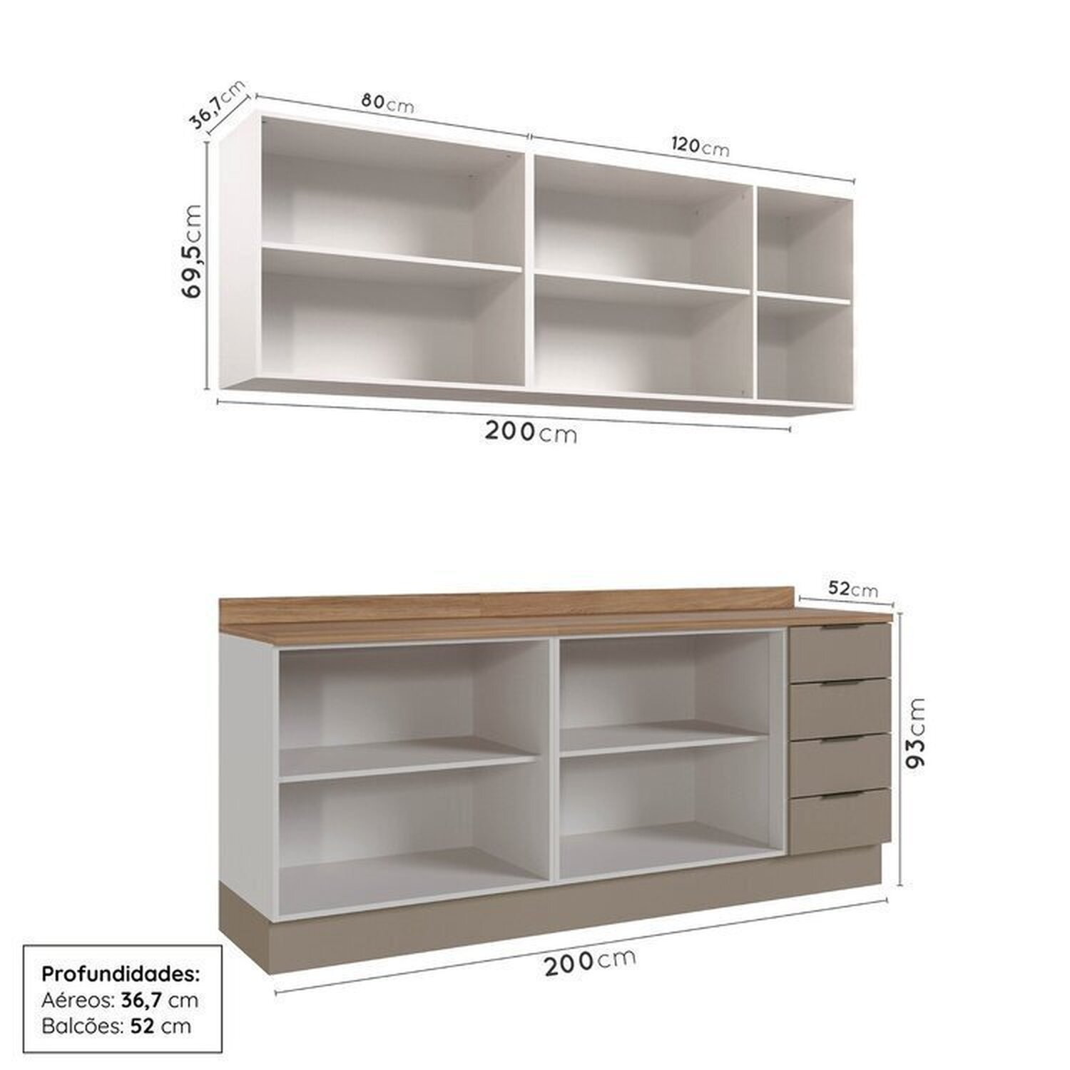 Cozinha Modulada 4 Peças com Tampo com Rodapé 2 Aéreos e 2 Balcões Ipanema CabeCasa MadeiraMadeira - 5