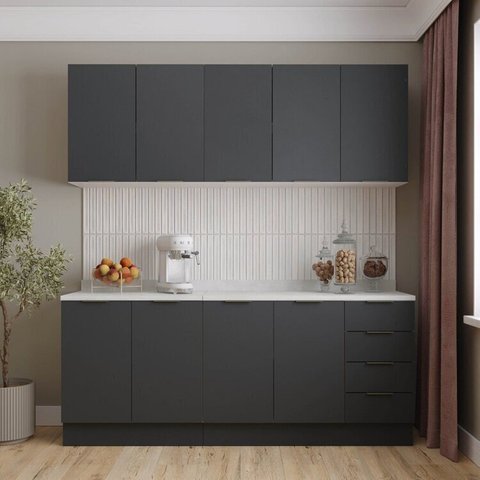 Cozinha Modulada 4 Peças com Tampo e Rodapé 2 Aéreos e 2 Balcões Ipanema CabeCasa MadeiraOriginals Madeiramadeira Cinza/Grafite Trama