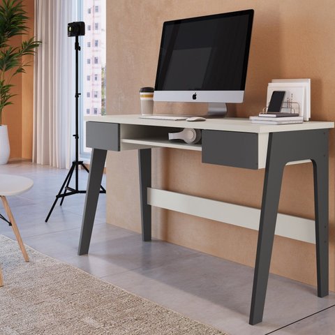 Escrivaninha Mesa Escritório Primazzia 2 Gavetas 124cm Grafite e Off White Cinza