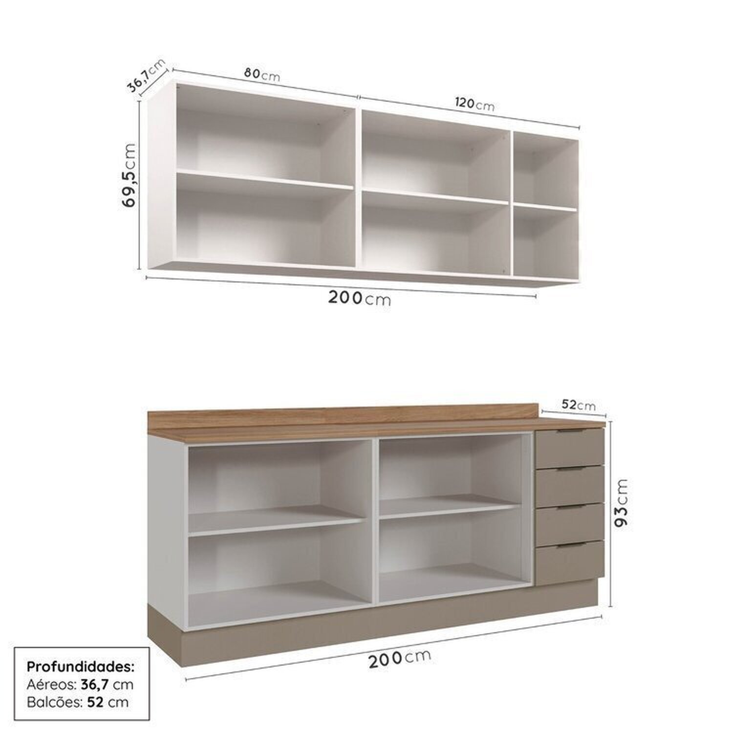 Cozinha Modulada 4 Peças com Tampo com Rodapé 2 Aéreos e 2 Balcões Ipanema CabeCasa MadeiraMadeira - 5