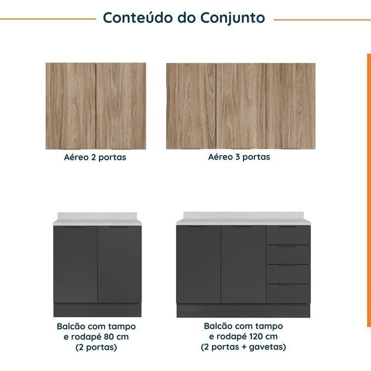 Cozinha Modulada 4 Peças com Tampo com Rodapé 2 Aéreos e 2 Balcões Ipanema CabeCasa MadeiraMadeira - 4