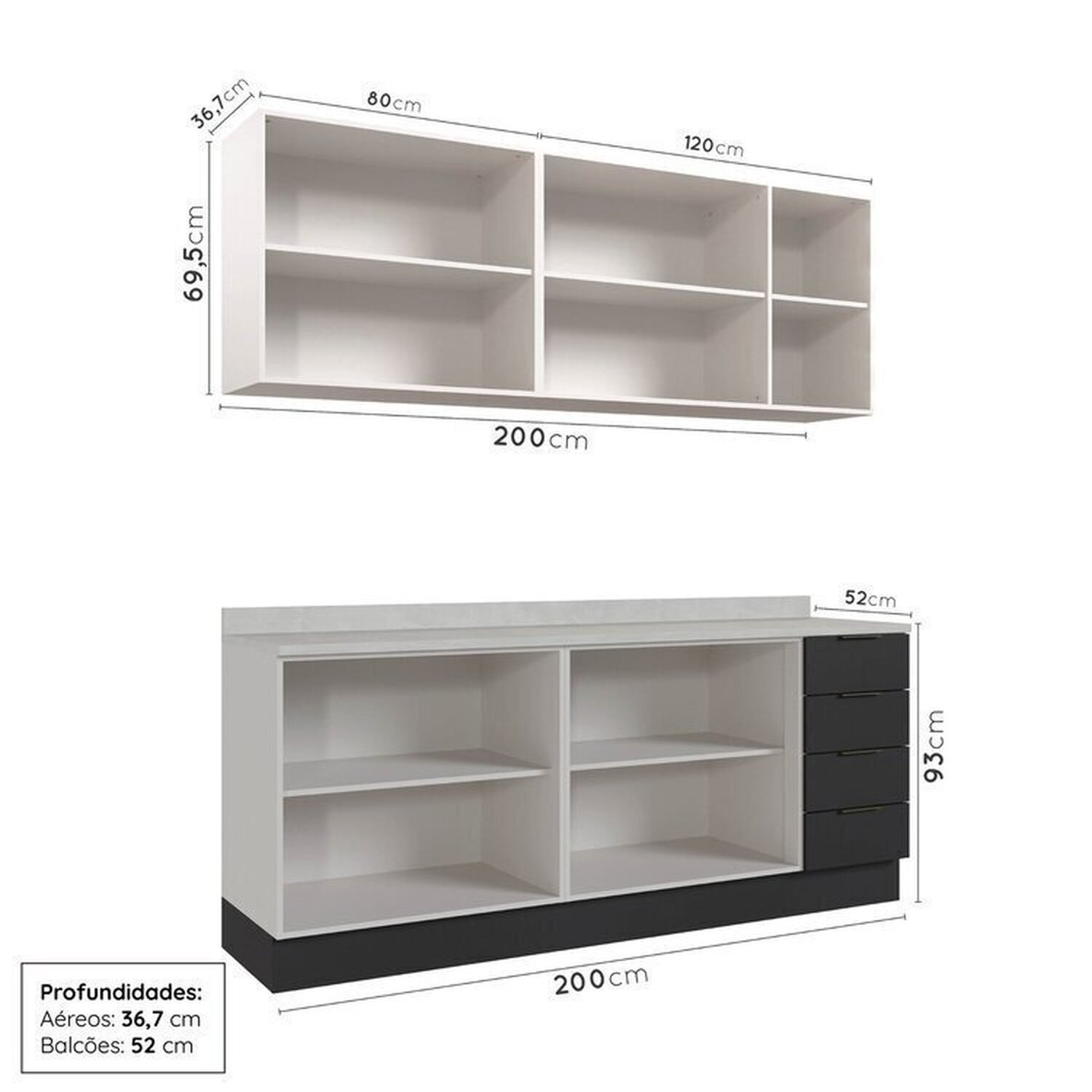 Cozinha Modulada 4 Peças com Tampo com Rodapé 2 Aéreos e 2 Balcões Ipanema CabeCasa MadeiraMadeira - 5