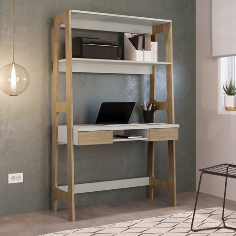 Escrivaninha Mesa Escritório com Estante Primazzia 2 Gavetas 103,6cm Carvalho Mel e Off White Marrom