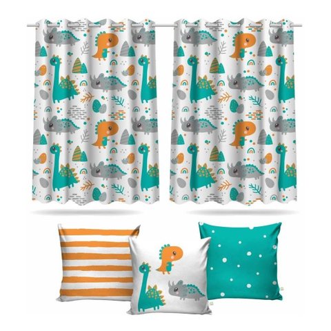 Cortina Infantil Dinossauro Cute + 3 Capas Almofadas Mod 04