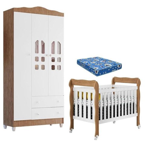 Berço Americano Lila e Guarda Roupa Infantil New Selena 3 Portas Branco Acetinado Amadeirado com
