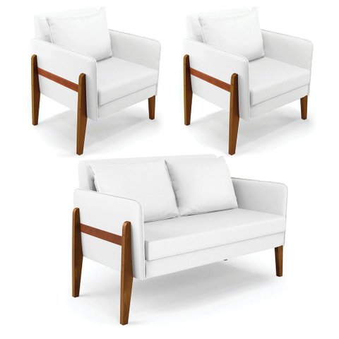 Kit 1 Sofá Namoradeira e 2 Poltronas Lana Corino Branco Base de Madeira - D’Rossi