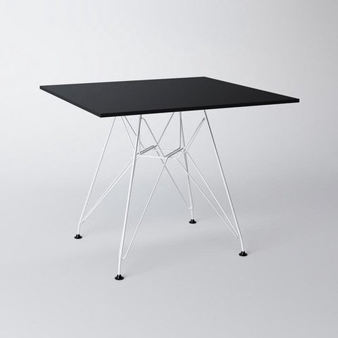 Mesa Eiffel Quadrada 90cm Tampo De Madeira Preto Com Base De Ferro Branco