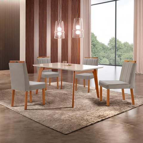 Conjunto Sala de Jantar Mesa Paris Madeira Maciça 140x80cm Tampo Retângular Vidro Off White com 4 Ca