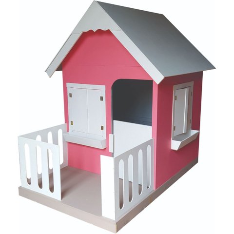 Casinha Infantil 1,00 x 1,60cm em MDF com Cercado:Rosa/Branco