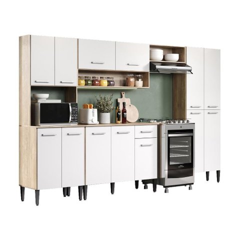 Cozinha Completa Arizona Plus com Armário e Balcão Carraro - Carvalho/branco Carvalho/branco