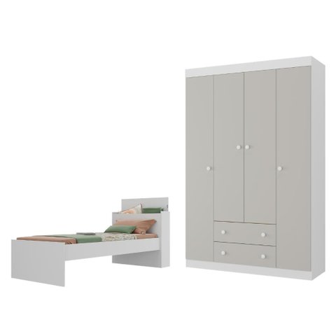 Jogo de Quarto com Cama Solteiro e Guarda-Roupa 4 Portas 2 Gavetas Lira Multimóveis MP4838 Branco/
