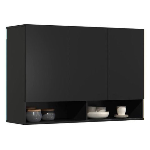 Armário de Cozinha Aéreo 3 Portas 2 Nichos 91cm Milão Preto - Ej Móveis
