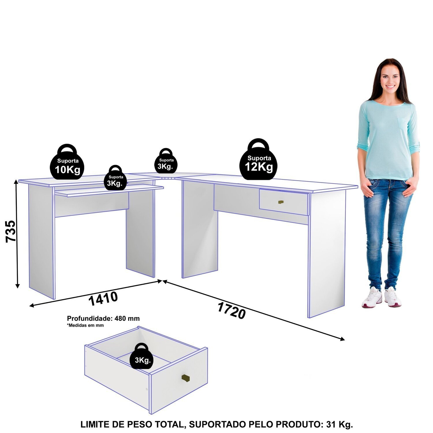 Mesa para Escritório em L 1 Gaveta Max - 3