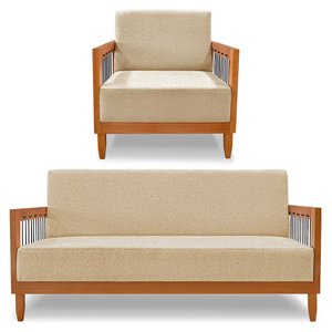 Kit Poltrona e Sofá Living 2 Lugares Marilia 1,60m Linho Dourado Base em Madeira Castanho - Pallazio
