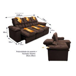 Sofá Retrátil Reclinável Atenas 2,30m Suede Velut Marrom c/ Molas no Assento - King House - 2