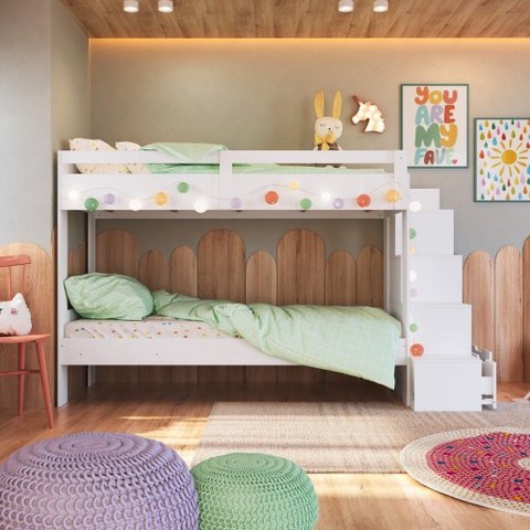Cama Beliche Infantil Bicama  2,32m com Escada, Nichos e Gavetas Branco - Completa Móveis
