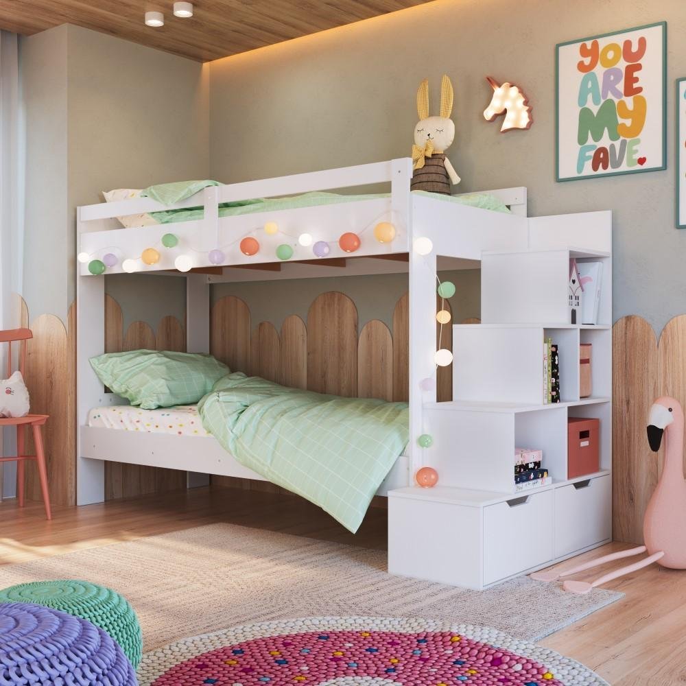 Cama Beliche Infantil com Escada e Nichos Branco