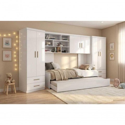 Quarto Infantil Chiara com Roupeiro 2 Portas Módulo Aéreo e Cama com Auxiliar MDP Branco Phoenix