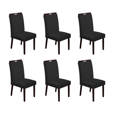 Kit 6 Cadeiras de Jantar Madeira Maciça Castanho Premium Heloísa Veludo Preto - Cor: Preto