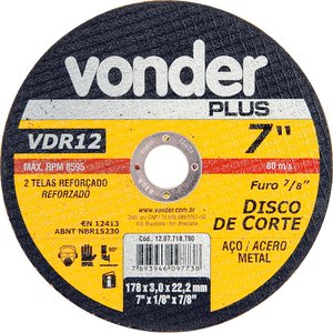 Disco De Corte 177,8x3,0x22,22 2 Telas Para Aço Carbono Vdr1