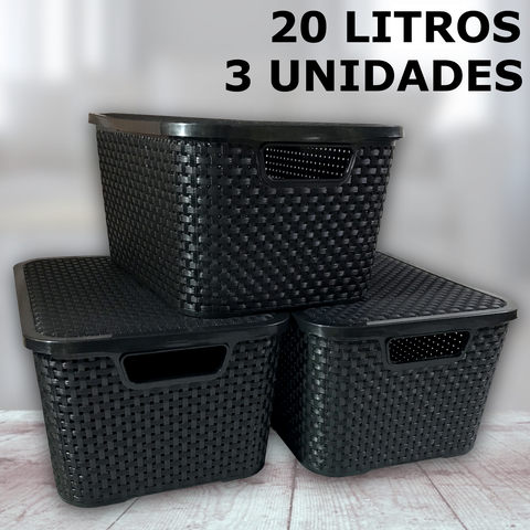 Kit 3 Caixas Organizadoras Rattan 20 Litros Empilhável Preta - Cesto Organizador 20l