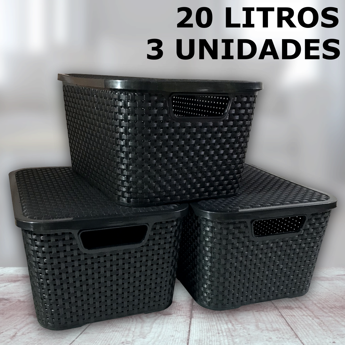 Kit 3 Caixas Organizadoras Rattan 20 Litros Empilhável Preta - Cesto Organizador 20l