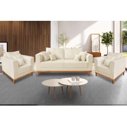 Kit Sofá 3 Lugares e 2 Poltronas Beny Viena Para Recepção Suede Bege - Madeira Prima Deccor - 2