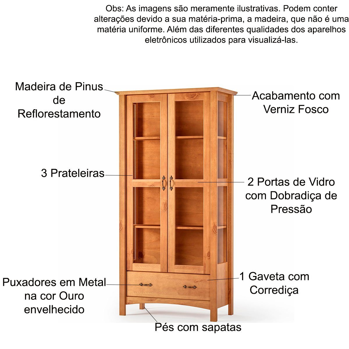 Cristaleira 2 Portas de Vidro e Buffet Aparador 156 Cm 100% Madeira Bella Castanho Fosco - 4