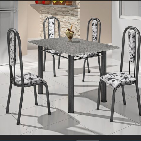 Conjunto Mesa Cozinha Granito 120cm 4 Cadeiras Aço Prata Atenas