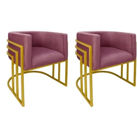 Kit 02 Cadeiras Poltrona Luxo Base de Metal Tripla Dourado Sala de Jantar Cozinha Recepção Veludo Ro