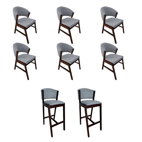 Kit 6 Cadeiras de Jantar Debora com 2 Banquetas Ana Madeira Maciça Castanho Premium Linho Cinza