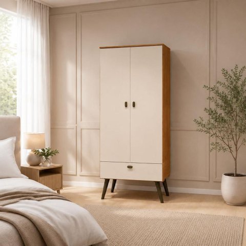 Armário Encanto 2 Portas com Gaveta e Pés Retrô - Cinamomo Off White - Madetec