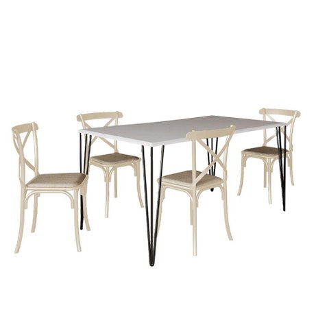 Conjunto de Mesa Elen Retangular Tampo de Madeira 140x80cm Branco com 4 Cadeiras Katrina Off White