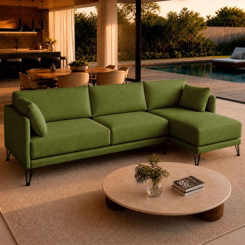 Sofá Sala de Estar Atena Chaise Direito Pés de Ferro 254cm 4 Lugares Bouclê Verde Claro M1 - Monari 