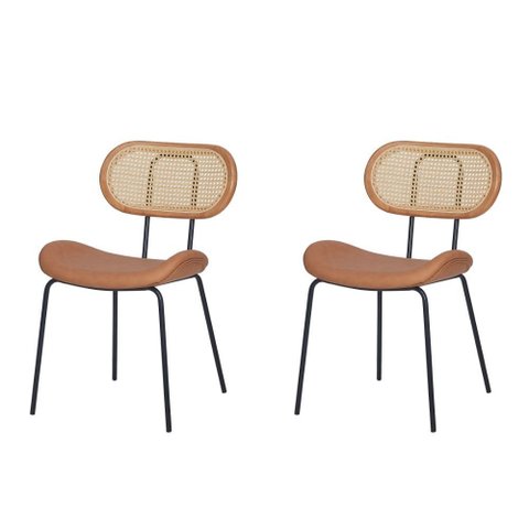 Kit 2 Cadeiras Toscana Fratini Aço Preto Encosto Madeira Tela Rattan Sintética Assento Pu Caramelo