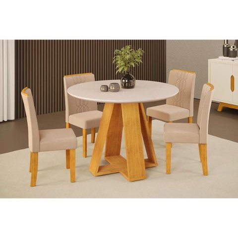 Sala de Jantar Completa Celeste C/ Tampo Madeirado C/ Vidro Redondo 103x103cm e 4 Cadeiras Zoe Cedro