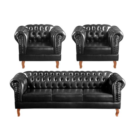 Conjunto Sofá Chesterfield 3 Lugares + 2 Poltronas Dom Pedro Preto